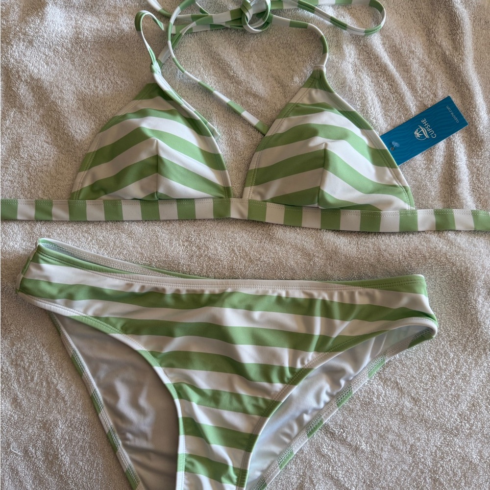 Green and White Striped Bikini Set
